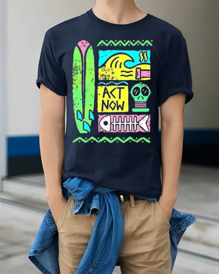Retro Surf Act Now Graphic Ocean Style T-shirt - model wearing navy shirt, hands in pockets