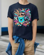 Funky Coffee Cup Headphones Music Graphic T-shirt - model wearing navy shirt, hands in pockets