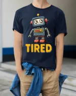 Funny Tired Robot Retro Cartoon Graphic T-shirt - model wearing navy shirt, hands in pockets