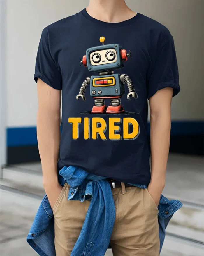 Funny Tired Robot Retro Cartoon Graphic T-shirt - model wearing navy shirt, hands in pockets
