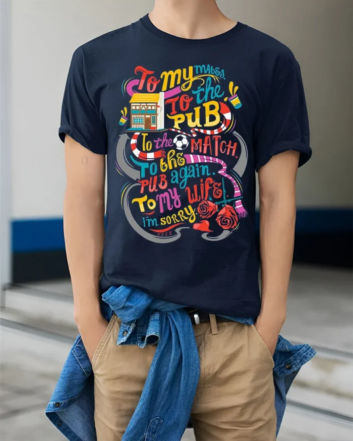 Funny Pub Football Match Drinking Graphic T-shirt - model wearing navy shirt, hands in pockets