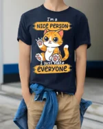 Funny Cat Nice Person Hate Everyone T-shirt - model wearing navy shirt, hands in pockets