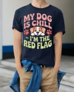 Funny Dog Red Flag Quote Graphic Print T-shirt - model wearing navy shirt, hands in pockets
