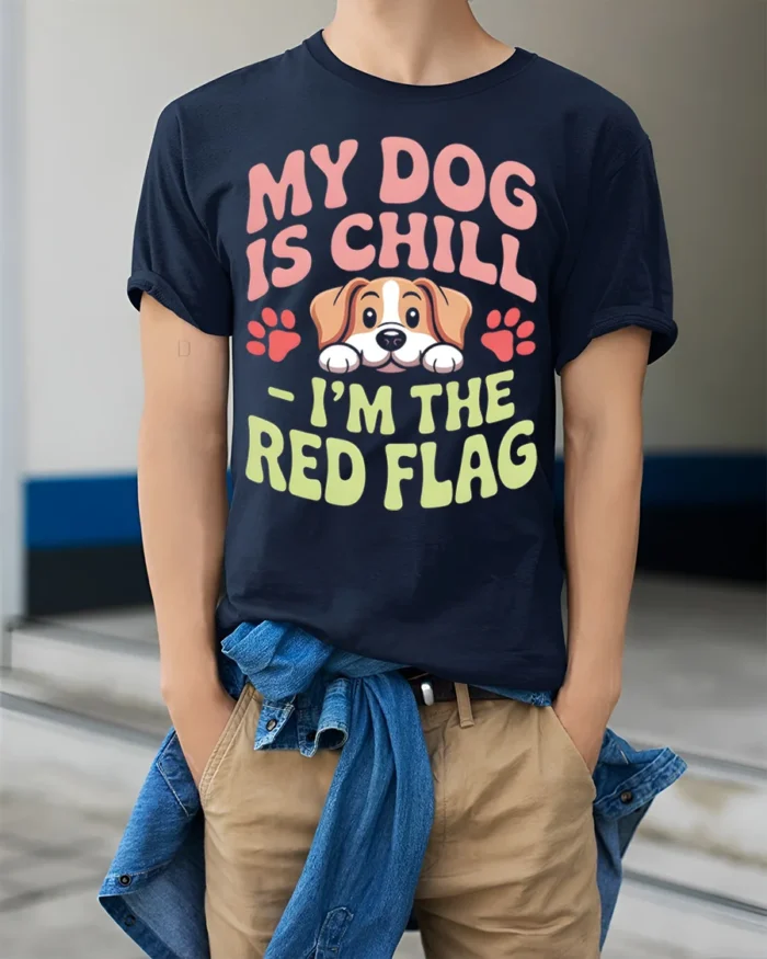 Funny Dog Red Flag Quote Graphic Print T-shirt - model wearing navy shirt, hands in pockets
