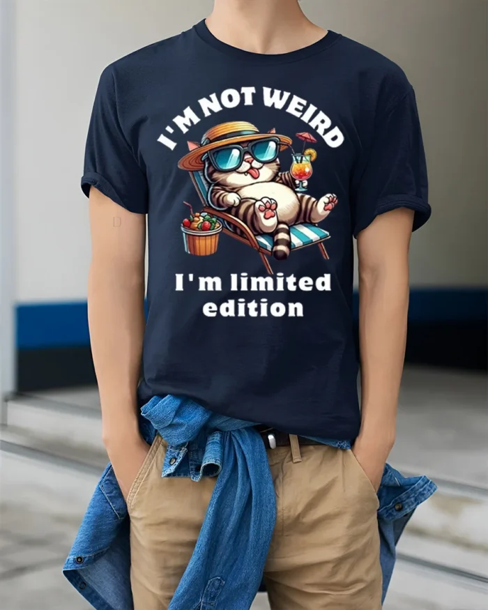 Funny Cat Not Weird Limited Edition T-shirt - model wearing navy shirt, hands in pockets