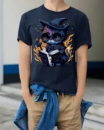 Mystical Wizard Cat Magic Book Graphic T-shirt - model wearing navy shirt, hands in pockets