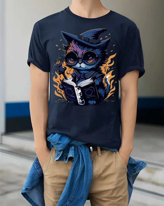 Mystical Wizard Cat Magic Book Graphic T-shirt - model wearing navy shirt, hands in pockets