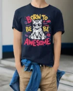Born To Be Awesome Cool Cat Graphic T-shirt - model wearing navy shirt, hands in pockets