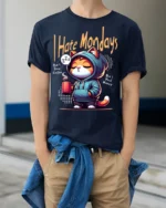 I Hate Mondays Funny Cat Coffee Graphic T-shirt - model wearing navy shirt, hands in pockets
