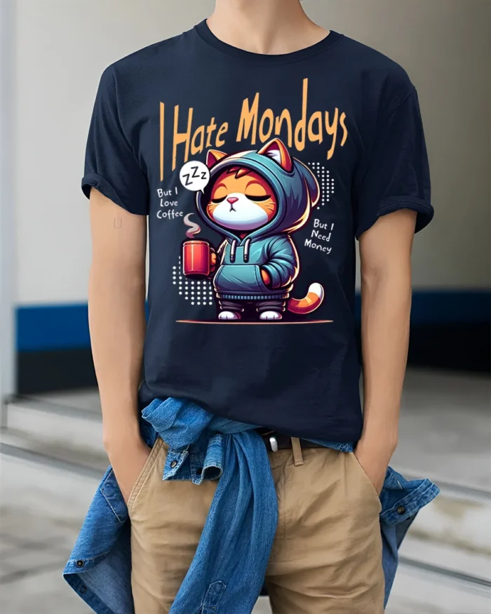 I Hate Mondays Funny Cat Coffee Graphic T-shirt - model wearing navy shirt, hands in pockets