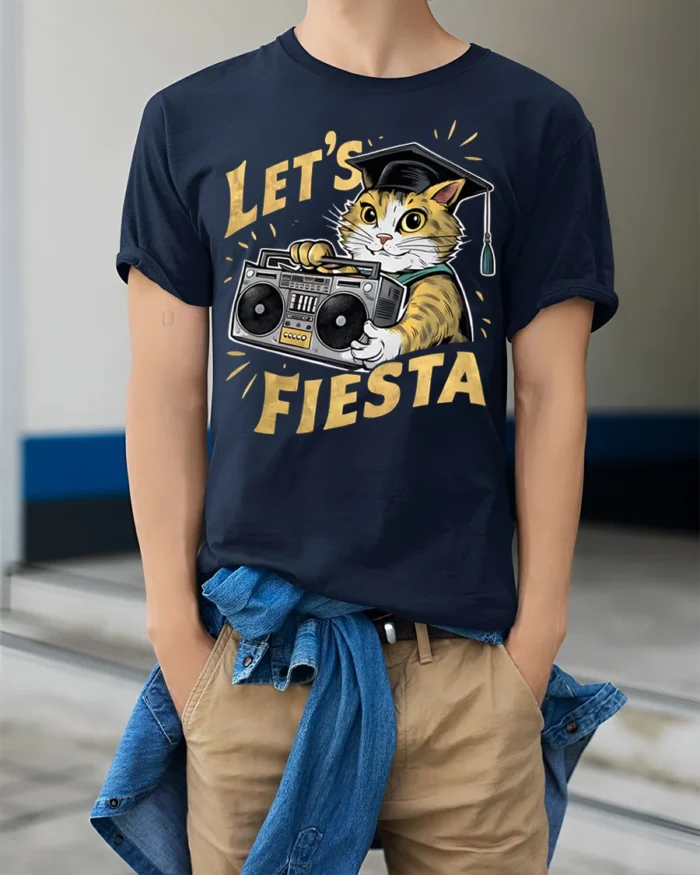 Graduation Cat Let’s Fiesta Funny Party T-shirt - model wearing navy shirt, hands in pockets