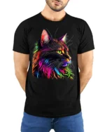 Neon Rainbow Cat Graphic Print T-shirt - model wearing black shirt, hands behind back