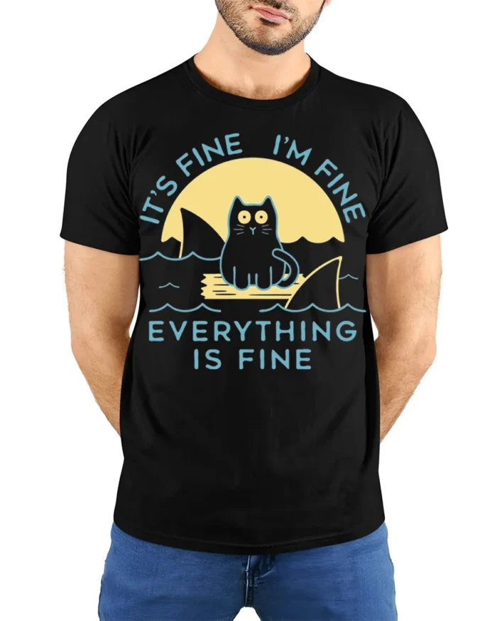 Funny Cat Everything Is Fine Graphic T-shirt - model wearing black shirt, hands behind back