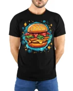 Juicy Burger Foodie Graphic Print Black T-shirt - model wearing black shirt, hands behind back