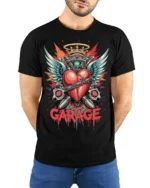 Garage Heart Wings Crown Engine Graphic T-shirt - model wearing black shirt, hands behind back