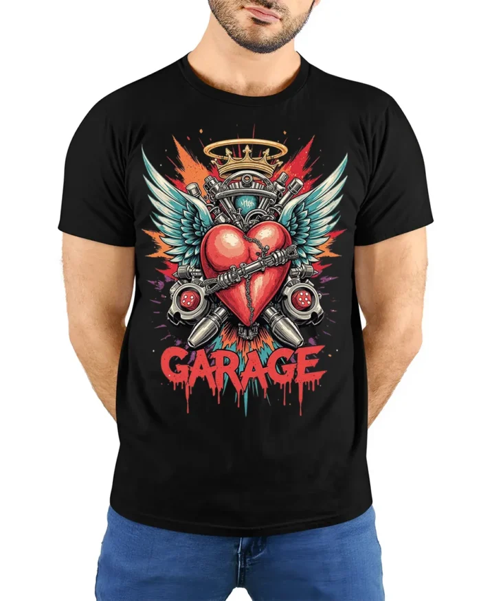 Garage Heart Wings Crown Engine Graphic T-shirt - model wearing black shirt, hands behind back