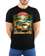 California Style Surf Van Sunset Graphic T-shirt - model wearing black shirt, hands behind back