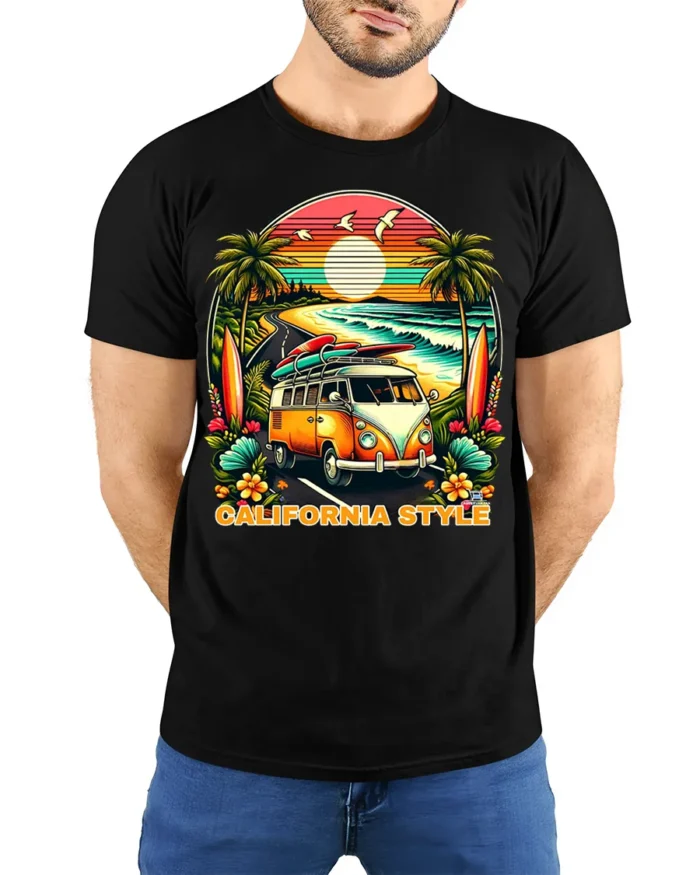 California Style Surf Van Sunset Graphic T-shirt - model wearing black shirt, hands behind back