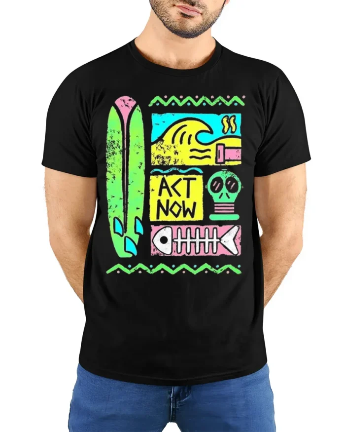 Retro Surf Act Now Graphic Ocean Style T-shirt - model wearing black shirt, hands behind back