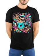 Funky Coffee Cup Headphones Music Graphic T-shirt - model wearing black shirt, hands behind back