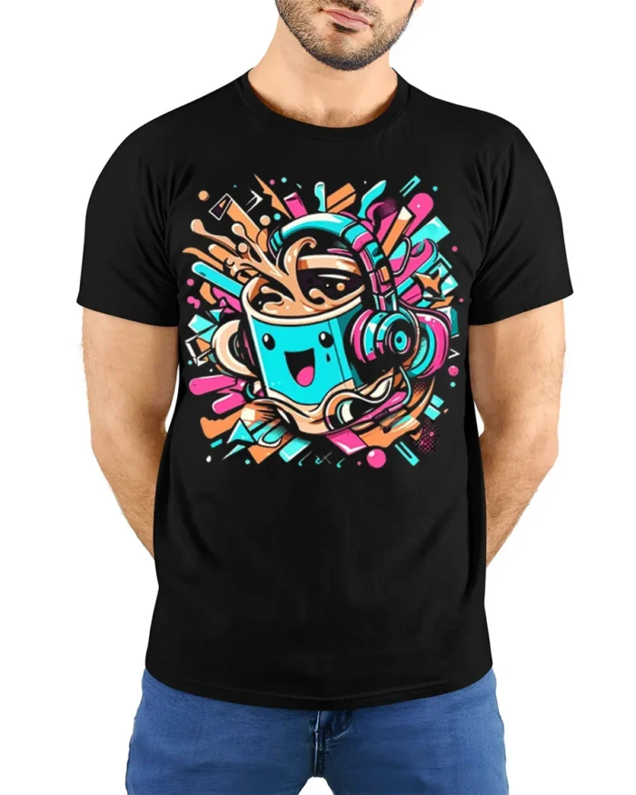 Funky Coffee Cup Headphones Music Graphic T-shirt - model wearing black shirt, hands behind back