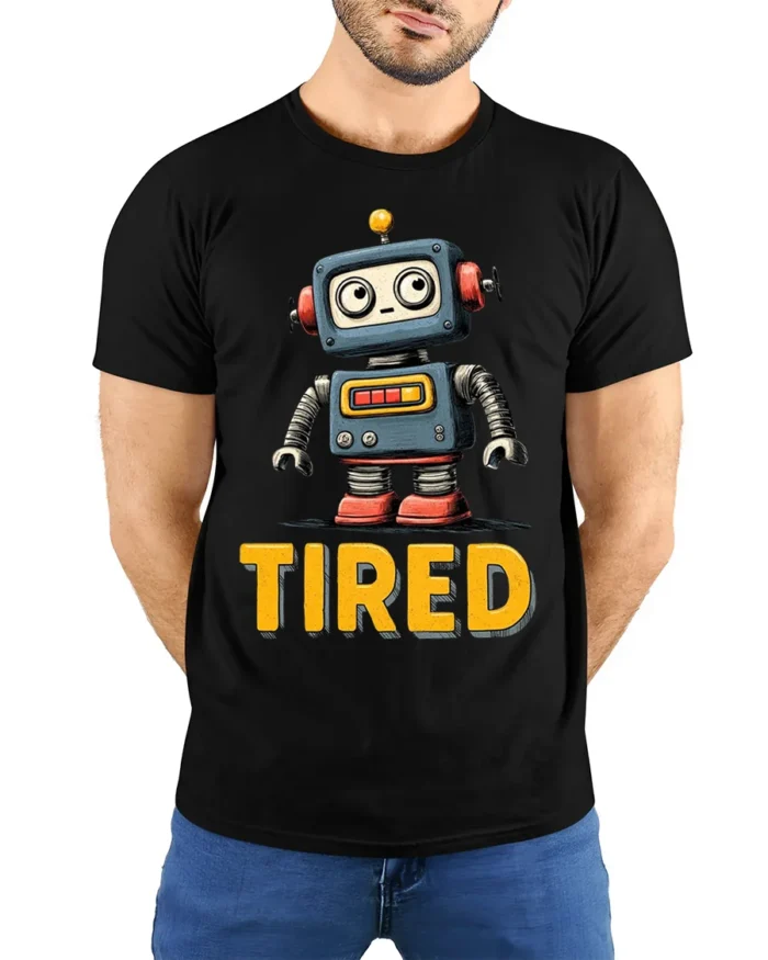 Funny Tired Robot Retro Cartoon Graphic T-shirt - model wearing black shirt, hands behind back