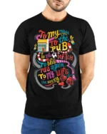 Funny Pub Football Match Drinking Graphic T-shirt - model wearing black shirt, hands behind back
