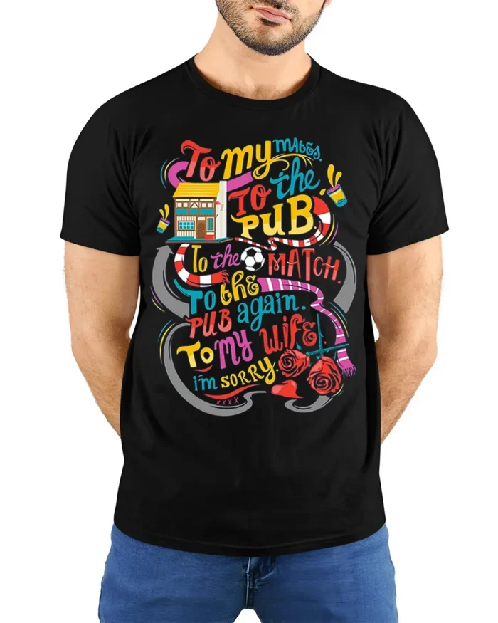 Funny Pub Football Match Drinking Graphic T-shirt - model wearing black shirt, hands behind back