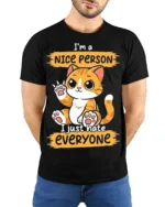 Funny Cat Nice Person Hate Everyone T-shirt - model wearing black shirt, hands behind back
