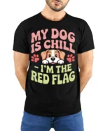 Funny Dog Red Flag Quote Graphic Print T-shirt - model wearing black shirt, hands behind back