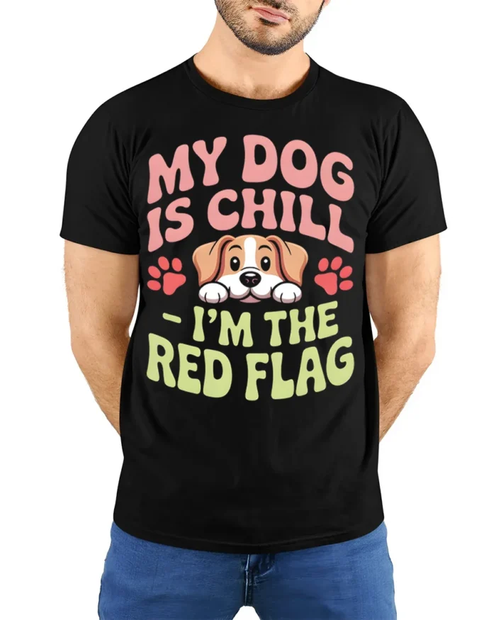 Funny Dog Red Flag Quote Graphic Print T-shirt - model wearing black shirt, hands behind back