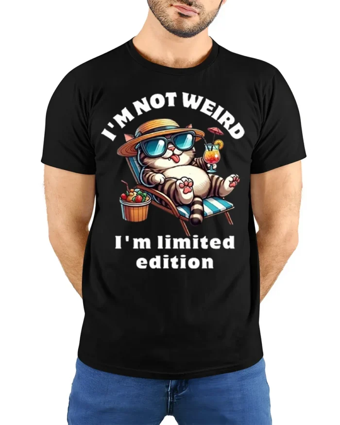 Funny Cat Not Weird Limited Edition T-shirt - model wearing black shirt, hands behind back