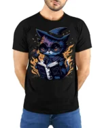 Mystical Wizard Cat Magic Book Graphic T-shirt - model wearing black shirt, hands behind back