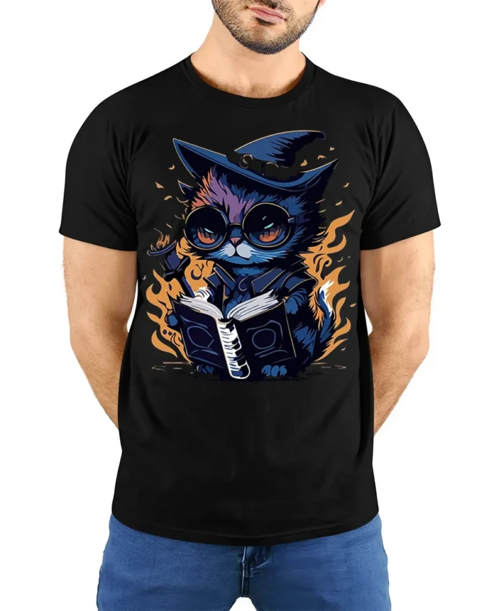 Mystical Wizard Cat Magic Book Graphic T-shirt - model wearing black shirt, hands behind back
