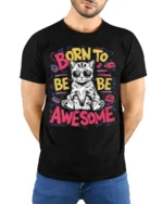 Born To Be Awesome Cool Cat Graphic T-shirt - model wearing black shirt, hands behind back