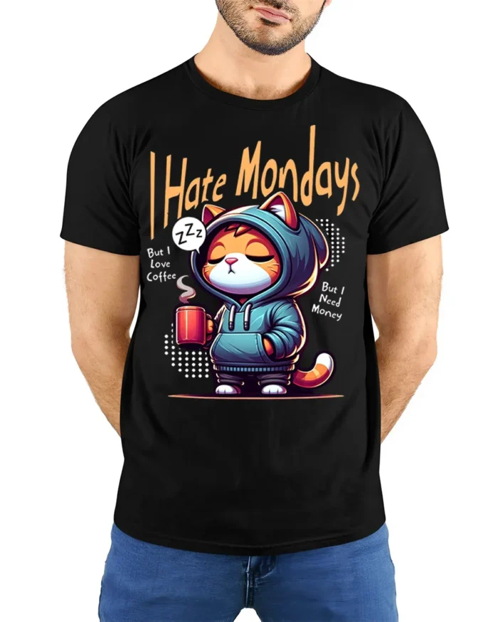 I Hate Mondays Funny Cat Coffee Graphic T-shirt - model wearing black shirt, hands behind back
