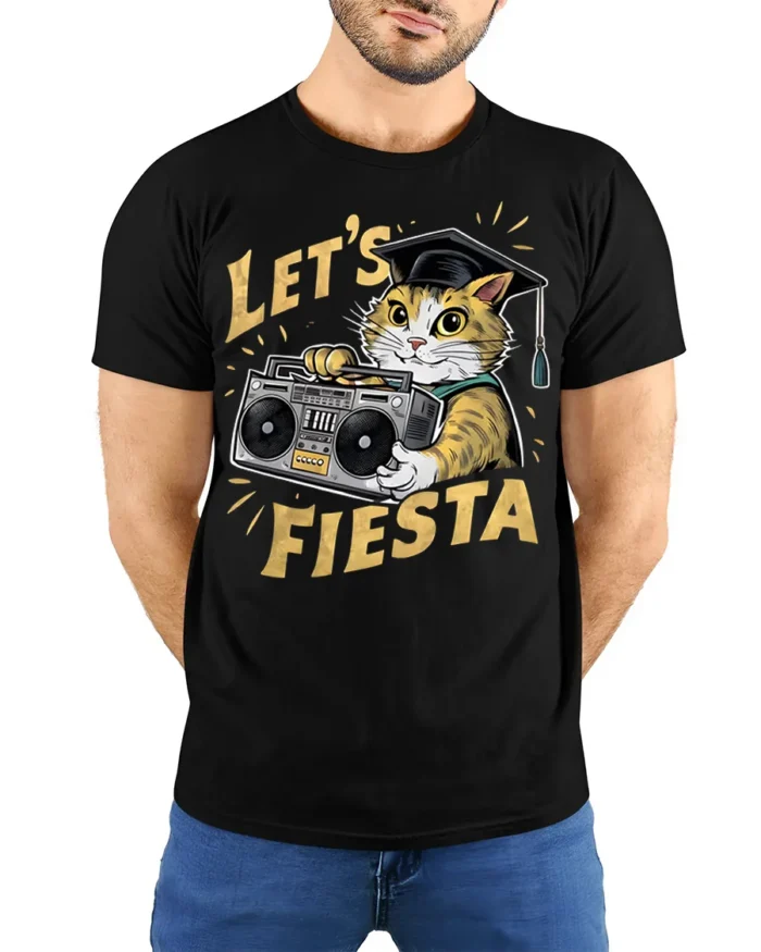 Graduation Cat Let’s Fiesta Funny Party T-shirt - model wearing black shirt, hands behind back