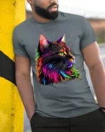 Neon Rainbow Cat Graphic Print T-shirt - model in grey shirt leaning against column