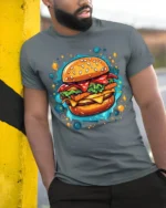 Juicy Burger Foodie Graphic Print Black T-shirt - model in grey shirt leaning against column