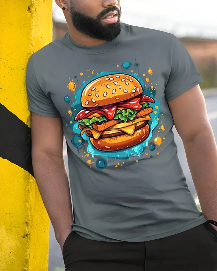 Juicy Burger Foodie Graphic Print Black T-shirt - model in grey shirt leaning against column
