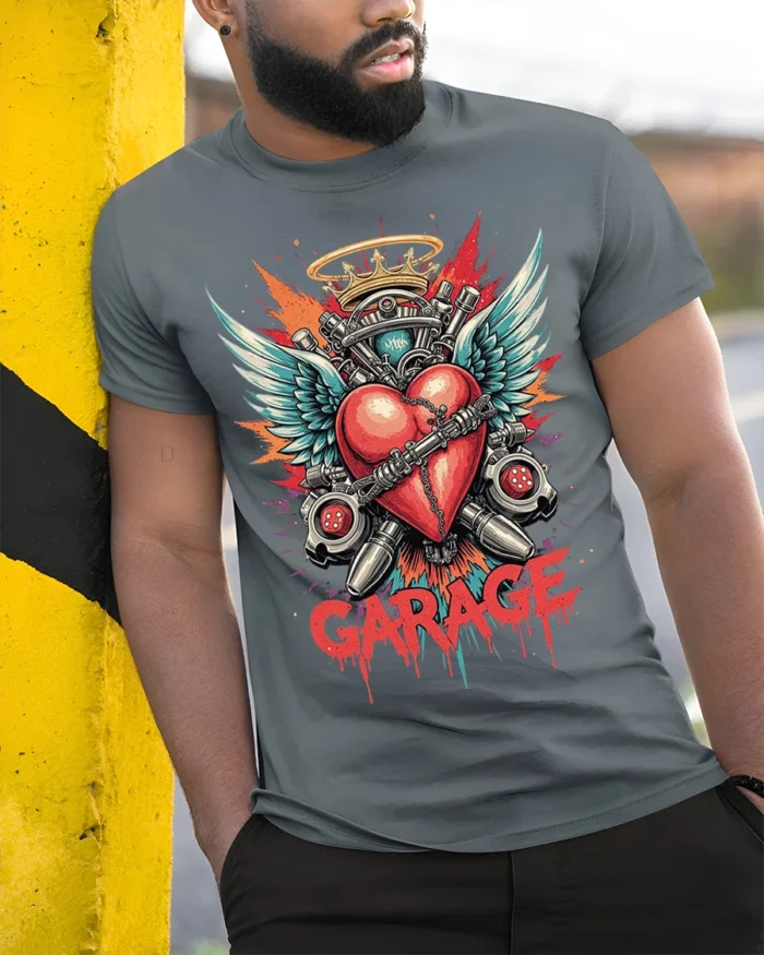 Garage Heart Wings Crown Engine Graphic T-shirt - model in grey shirt leaning against column