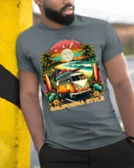 California Style Surf Van Sunset Graphic T-shirt - model in grey shirt leaning against column