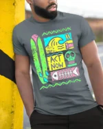 Retro Surf Act Now Graphic Ocean Style T-shirt - model in grey shirt leaning against column