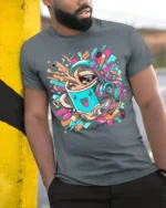 Funky Coffee Cup Headphones Music Graphic T-shirt - model in grey shirt leaning against column