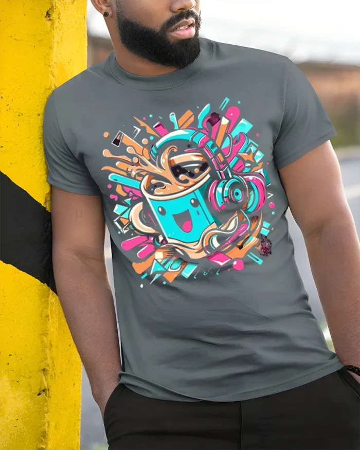 Funky Coffee Cup Headphones Music Graphic T-shirt - model in grey shirt leaning against column