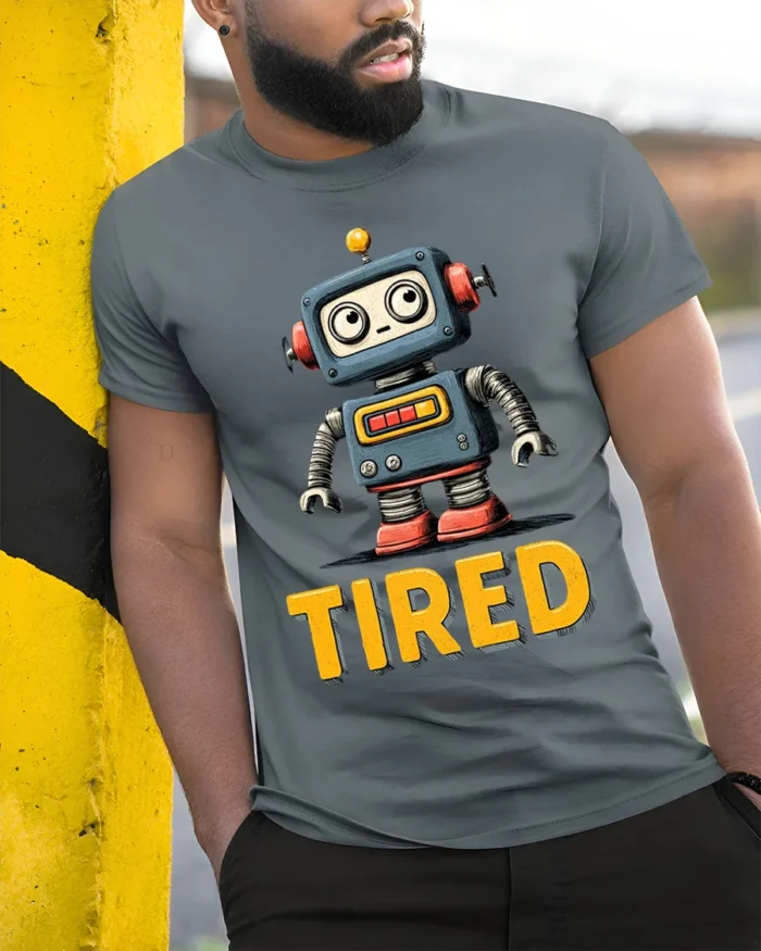 Funny Tired Robot Retro Cartoon Graphic T-shirt - model in grey shirt leaning against column