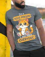 Funny Cat Nice Person Hate Everyone T-shirt - model in grey shirt leaning against column