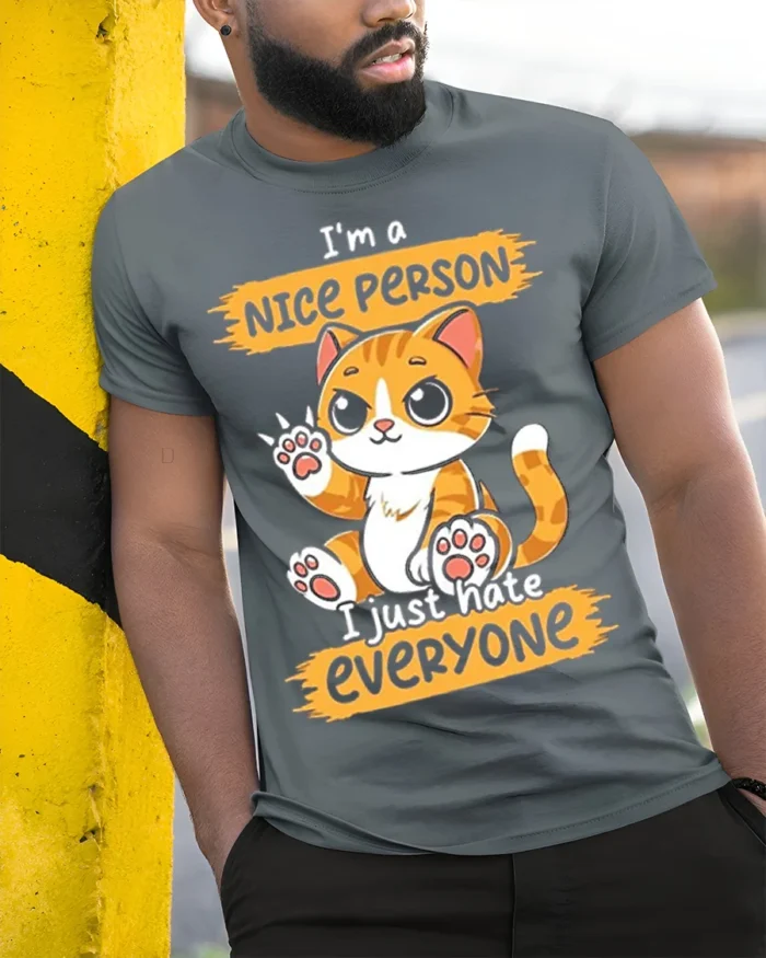 Funny Cat Nice Person Hate Everyone T-shirt - model in grey shirt leaning against column
