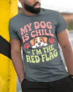 Funny Dog Red Flag Quote Graphic Print T-shirt - model in grey shirt leaning against column