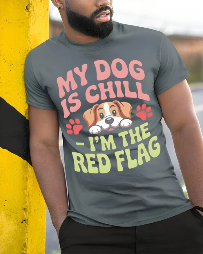 Funny Dog Red Flag Quote Graphic Print T-shirt - model in grey shirt leaning against column